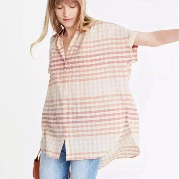 Madewell Ombre Gingham Check Short Sleeve Central Tunic Button Up Shirt Size XL - Picture 1 of 13